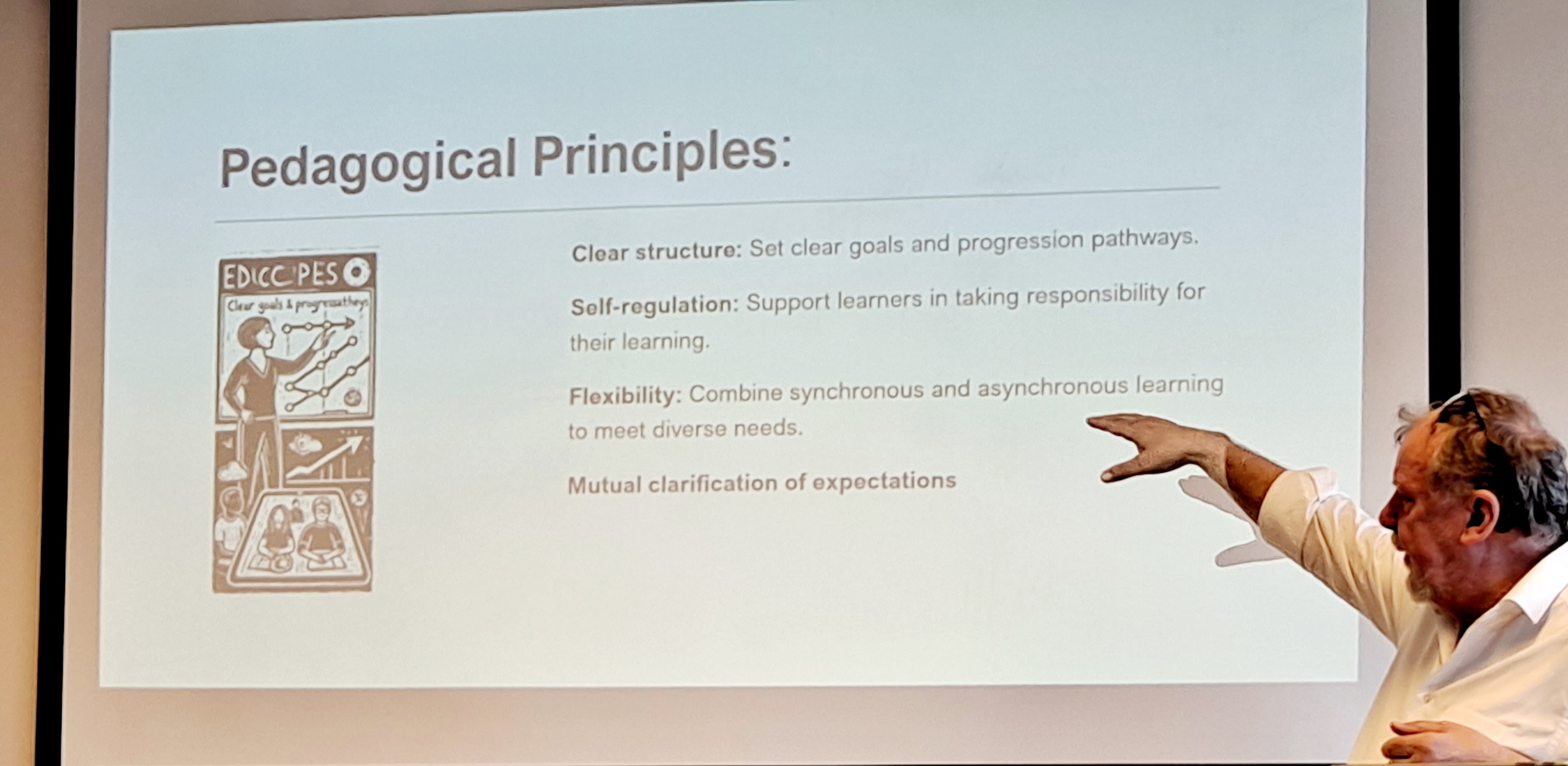 A power point presentation with the headline Pedagogical principles. The bullet points are 1. Clear structure. 2. Self-regulation. 3. Flexibility. 4. Mutual clarification of expectations